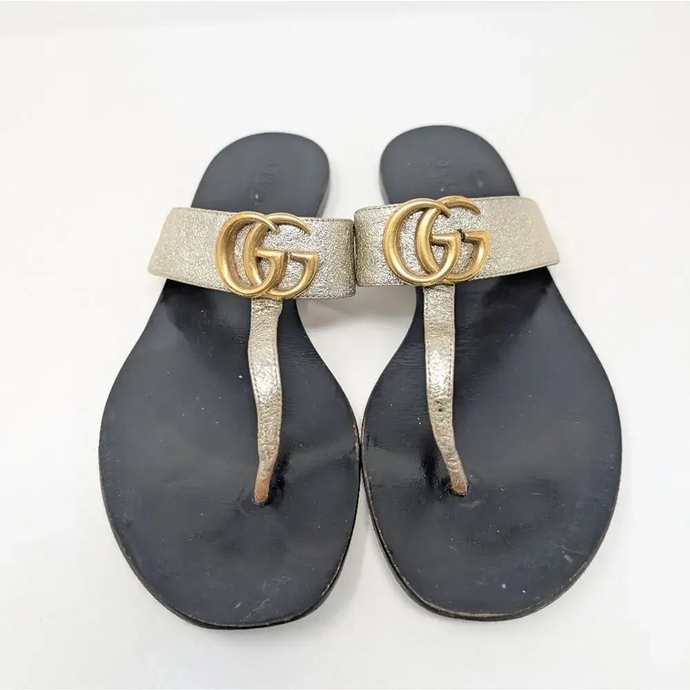 Gucci Marmont gold Thong Sandals Size 39.5 GG Logo Monogram Flip Flops
